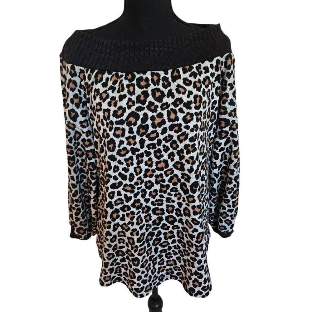 P & Rose Womens Pullover Leopard Print Boat Neck Top Sweater